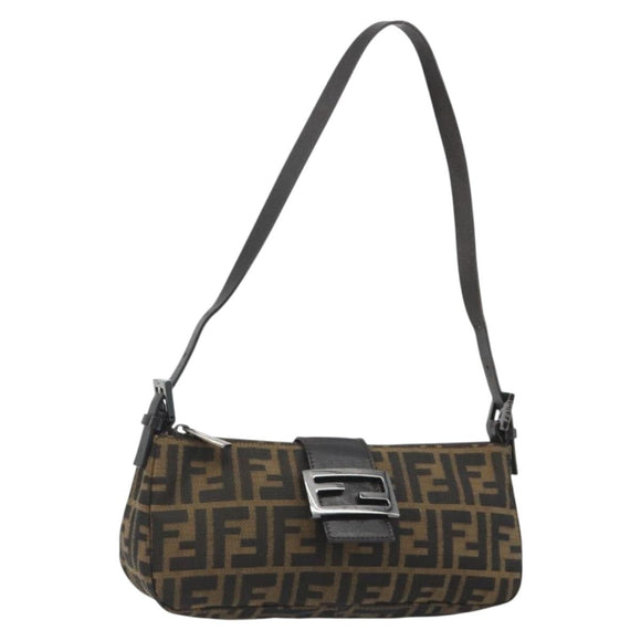 FENDI Zucca Canvas Mamma Baguette Schoudertas Zwart Zilver Bruin Auth 187689SAM