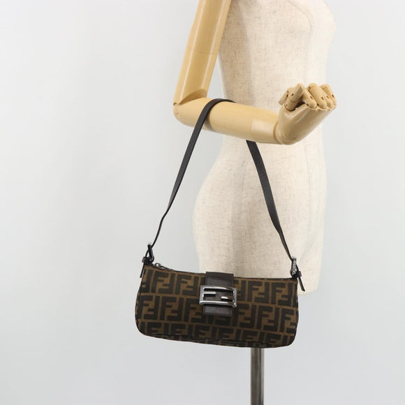 FENDI Zucca Canvas Mamma Baguette Schoudertas Zwart Zilver Bruin Auth 187689SAM