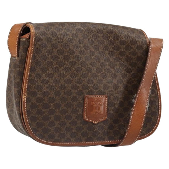 CELINE Macadam Canvas Shoulder Bag PVC Leather Brown Gold Auth 187736