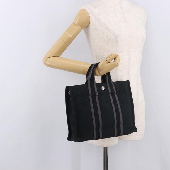 HERMES Fourre Tout PM Handtas katoen Zwart Zilver Auth 187747A