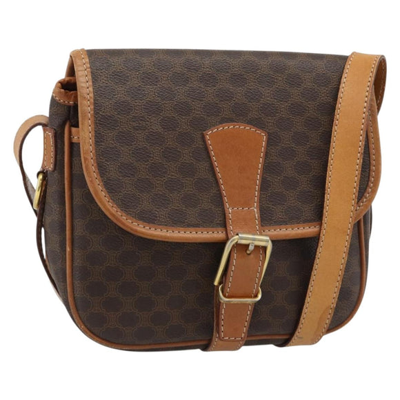 CELINE Macadam Canvas Shoulder Bag PVC Leather Brown Gold Auth 187771