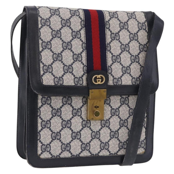 GUCCI GG Supreme Sherry Line Shoulder Bag PVC Navy Gold Auth 187772