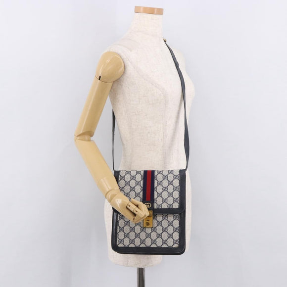 GUCCI GG Supreme Sherry Line Shoulder Bag PVC Navy Gold Auth 187772