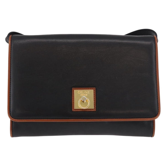 CELINE Shoulder Bag Leather Black Gold Auth 187784A
