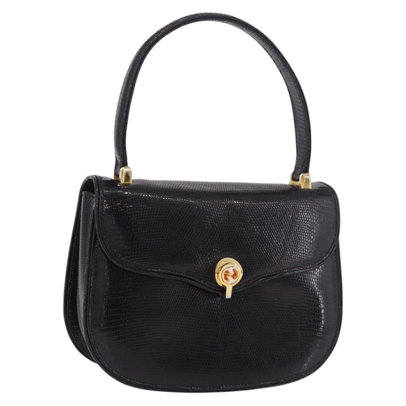 GUCCI Hand Bag Leather Embossed Black Gold Auth 187786A