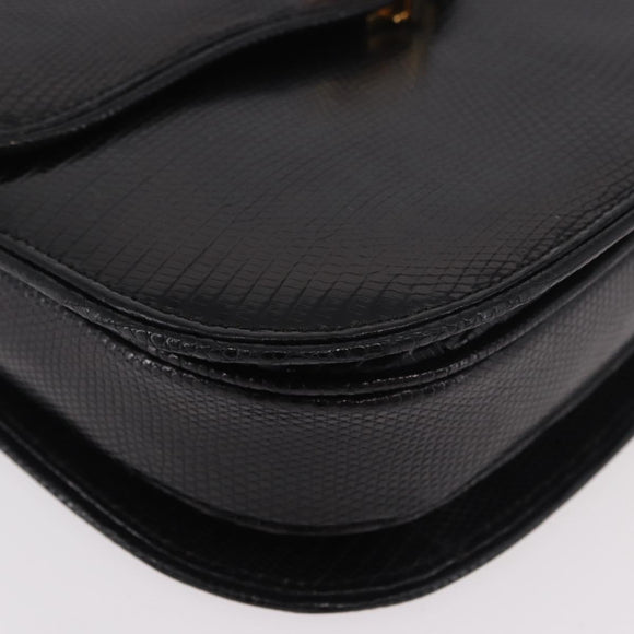 GUCCI Hand Bag Leather Embossed Black Gold Auth 187786A