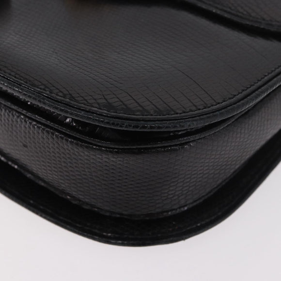 GUCCI Hand Bag Leather Embossed Black Gold Auth 187786A
