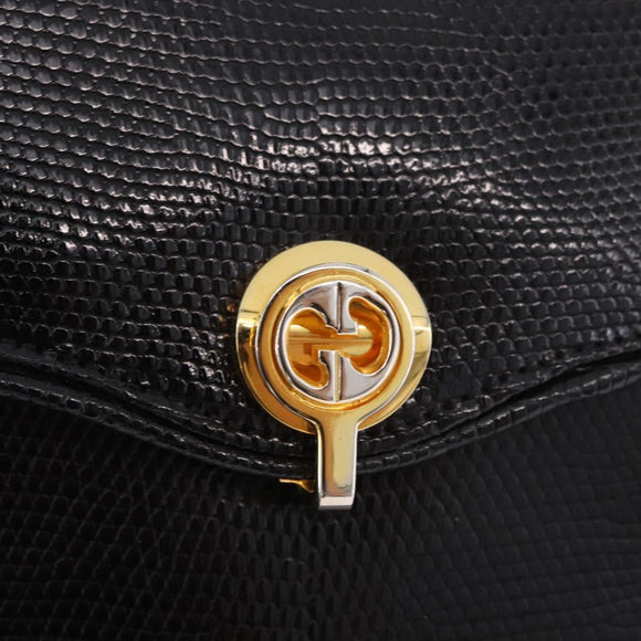 GUCCI Hand Bag Leather Embossed Black Gold Auth 187786A