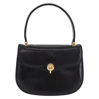 GUCCI Hand Bag Leather Embossed Black Gold Auth 187786A - 0