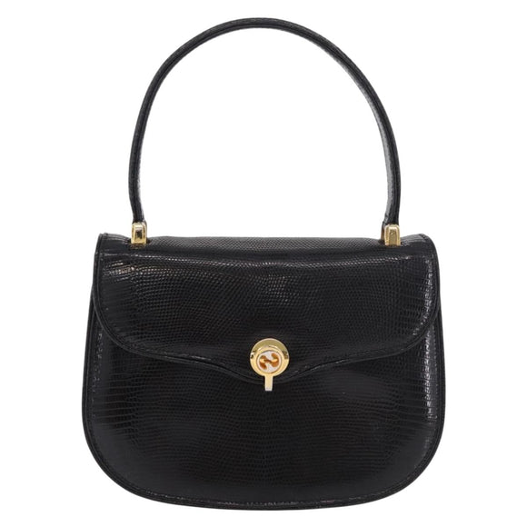 GUCCI Hand Bag Leather Embossed Black Gold Auth 187786A