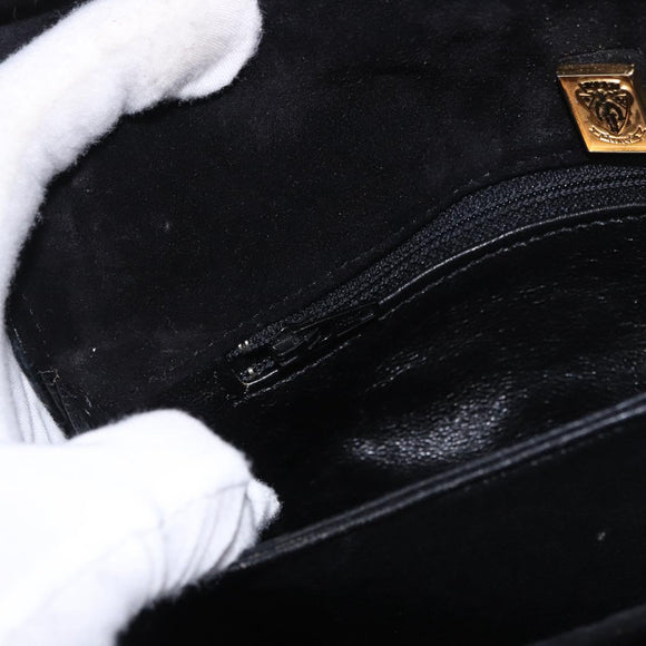 GUCCI Hand Bag Leather Embossed Black Gold Auth 187786A