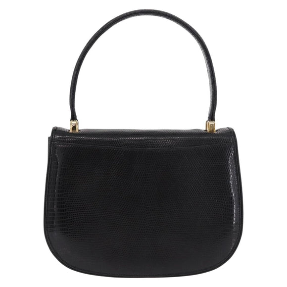 GUCCI Hand Bag Leather Embossed Black Gold Auth 187786A