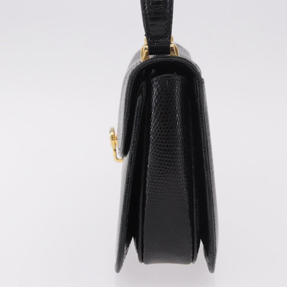 GUCCI Hand Bag Leather Embossed Black Gold Auth 187786A