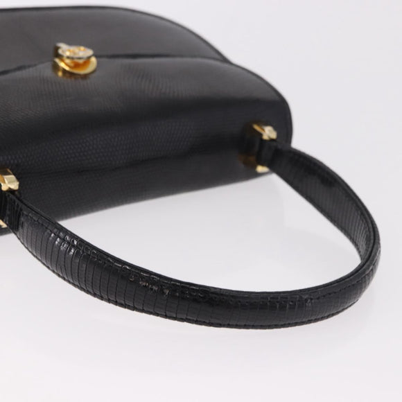 GUCCI Hand Bag Leather Embossed Black Gold Auth 187786A