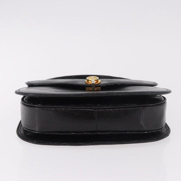GUCCI Hand Bag Leather Embossed Black Gold Auth 187786A