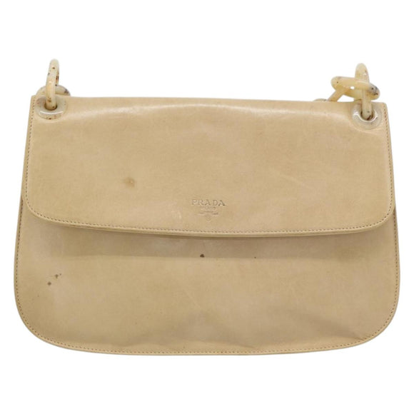 PRADA Chain Shoulder Bag Leather Beige Silver Auth 187798A