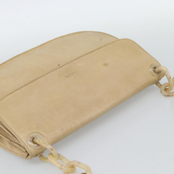 PRADA Chain Shoulder Bag Leather Beige Silver Auth 187798A