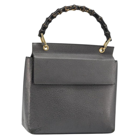 GUCCI Bamboo Hand Bag Leather Black Gold 001 3444 1887 Auth 187814