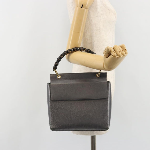 GUCCI Bamboo Hand Bag Leather Black Gold 001 3444 1887 Auth 187814