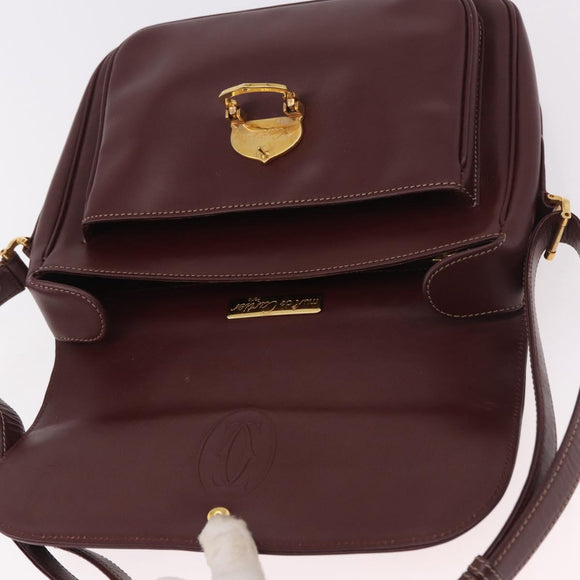 CARTIER Shoulder Bag Leather Bordeaux Gold Auth 187826