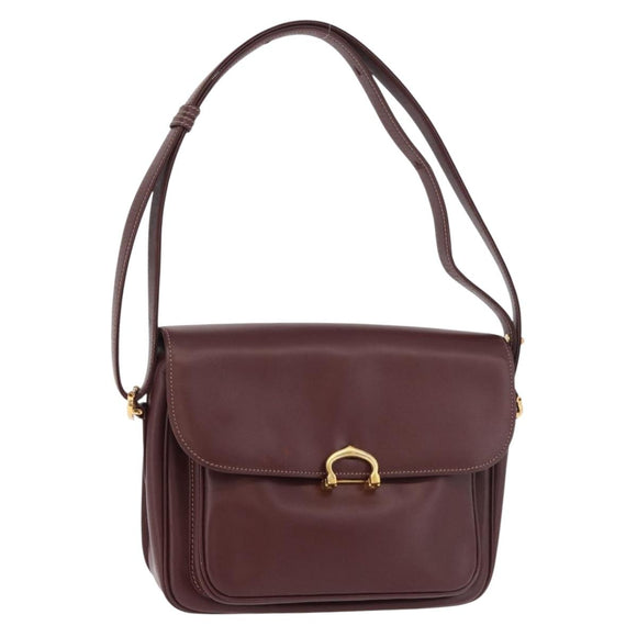CARTIER Shoulder Bag Leather Bordeaux Gold Auth 187826
