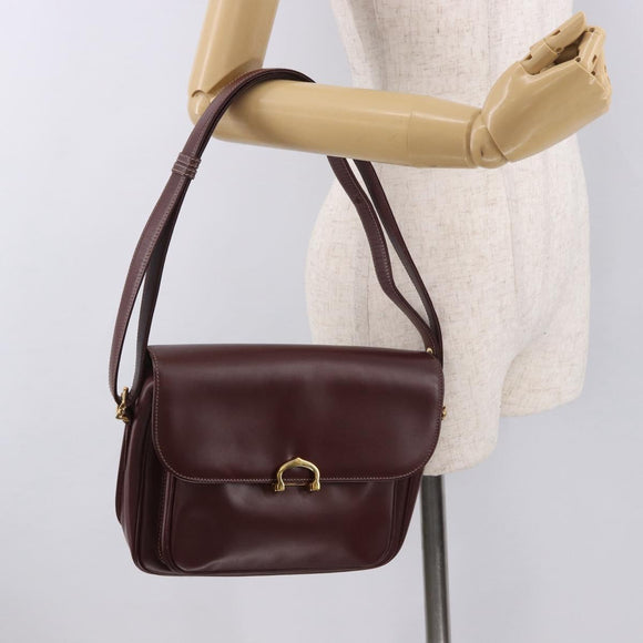CARTIER Shoulder Bag Leather Bordeaux Gold Auth 187826