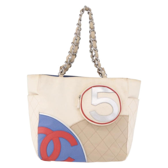 CHANEL No. 5 Wild Stitch Chain Tote Bag Canvas Ivory Silver CC Auth 187876A