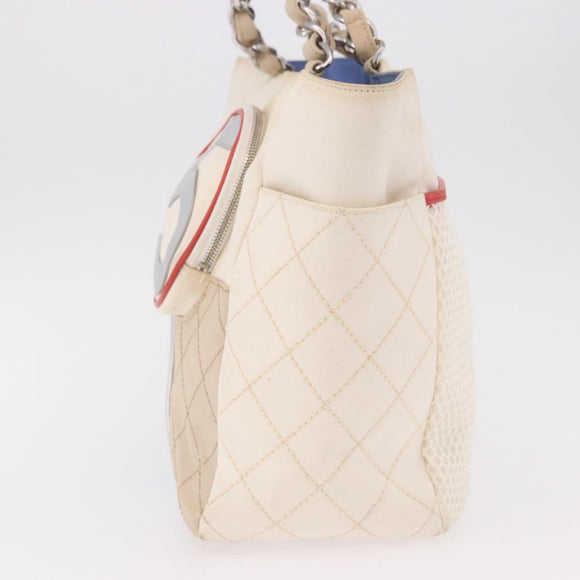 CHANEL No. 5 Wild Stitch Chain Tote Bag Canvas Ivory Silver CC Auth 187876A