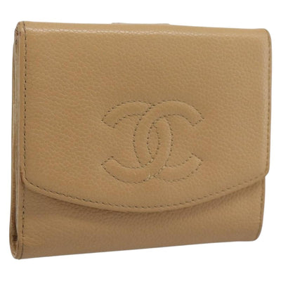 CHANEL Bifold Wallet Caviar Skin Beige Gold CC Auth 187885