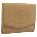 CHANEL Bifold Wallet Caviar Skin Beige Gold CC Auth 187885-1
