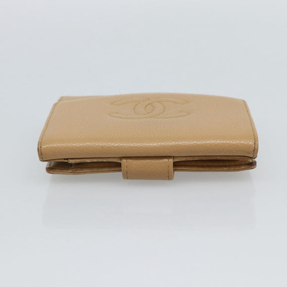 CHANEL Bifold Wallet Caviar Skin Beige Gold CC Auth 187885