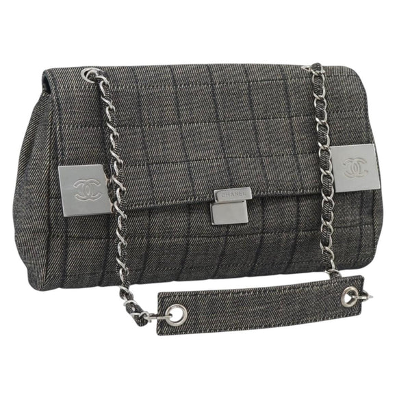 CHANEL Choco Bar Shoulder Bag Canvas Gray Silver CC Auth 187921V