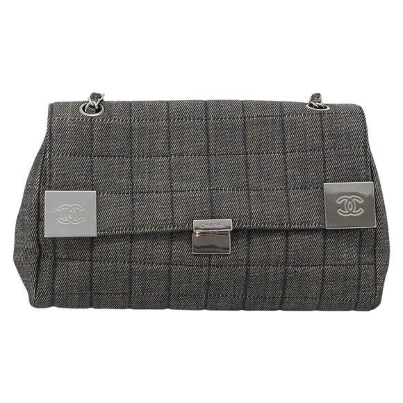 CHANEL Choco Bar Shoulder Bag Canvas Gray Silver CC Auth 187921V
