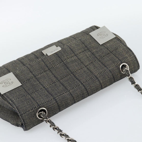 CHANEL Choco Bar Shoulder Bag Canvas Gray Silver CC Auth 187921V