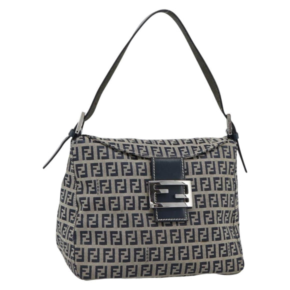 FENDI Mamma Baguette Zucchino Canvas Shoulder Bag Navy Silver Auth 187922V