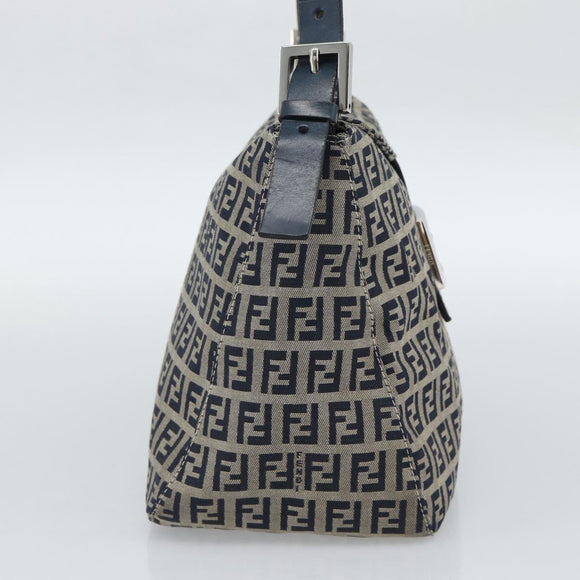 FENDI Mamma Baguette Zucchino Canvas Shoulder Bag Navy Silver Auth 187922V