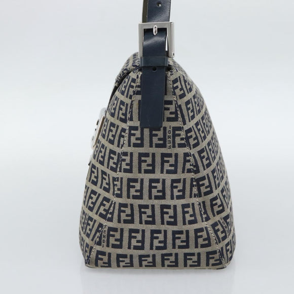 FENDI Mamma Baguette Zucchino Canvas Shoulder Bag Navy Silver Auth 187922V