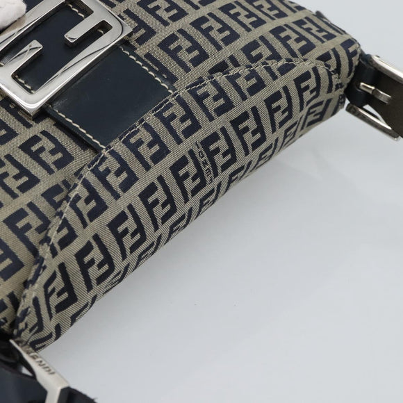 FENDI Mamma Baguette Zucchino Canvas Shoulder Bag Navy Silver Auth 187922V