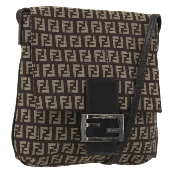 FENDI Mamma Baguette Zucchino Canvas Shoulder Bag Brown Silver Auth 187923A