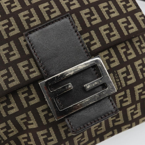 FENDI Mamma Baguette Zucchino Canvas Shoulder Bag Brown Silver Auth 187923A