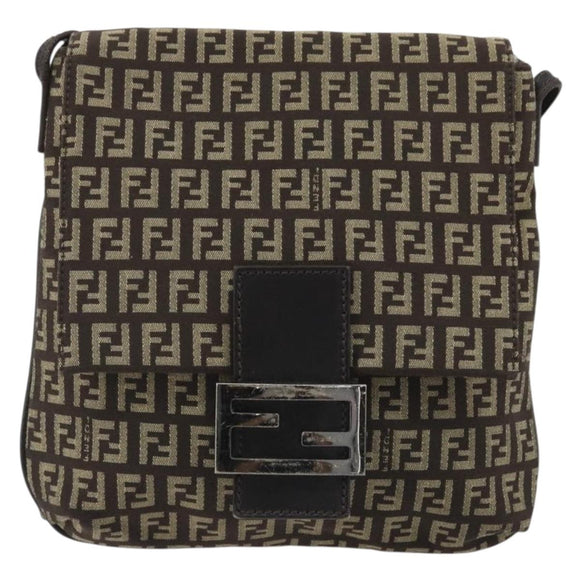 FENDI Mamma Baguette Zucchino Canvas Shoulder Bag Brown Silver Auth 187923A
