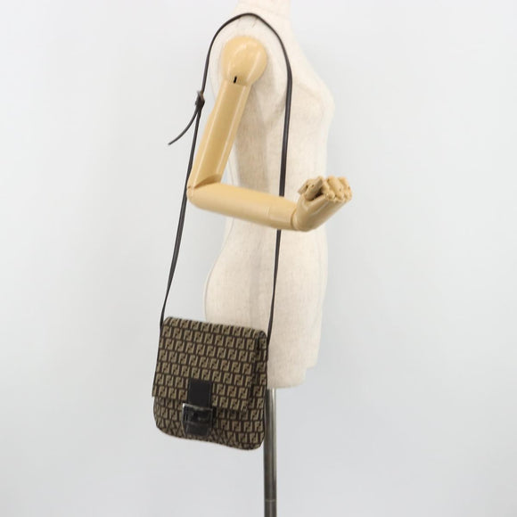 FENDI Mamma Baguette Zucchino Canvas Shoulder Bag Brown Silver Auth 187923A