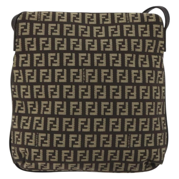 FENDI Mamma Baguette Zucchino Canvas Shoulder Bag Brown Silver Auth 187923A