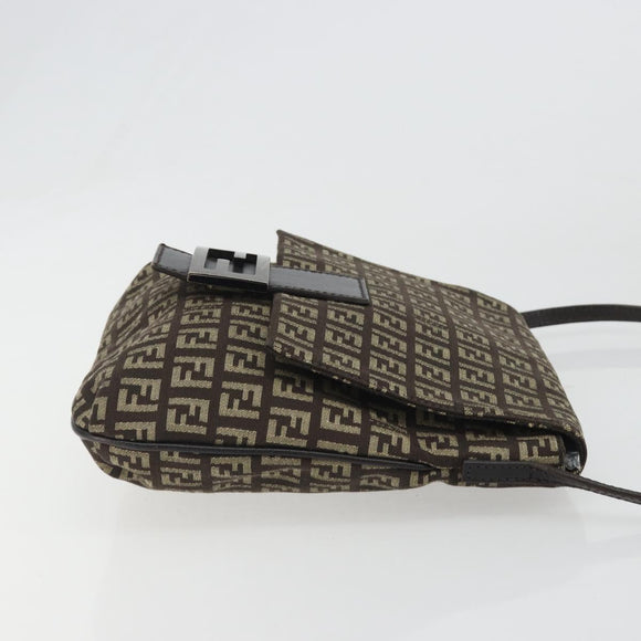 FENDI Mamma Baguette Zucchino Canvas Schoudertas Bruin Zilver Auth 187923A
