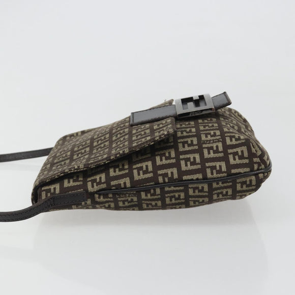 FENDI Mamma Baguette Zucchino Canvas Schoudertas Bruin Zilver Auth 187923A