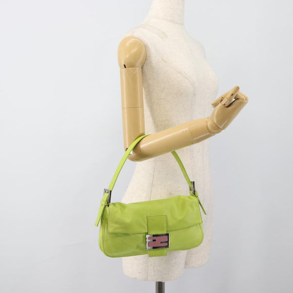 FENDI Mamma Baguette Shoulder Bag Leather Green Silver Auth 187930SAV