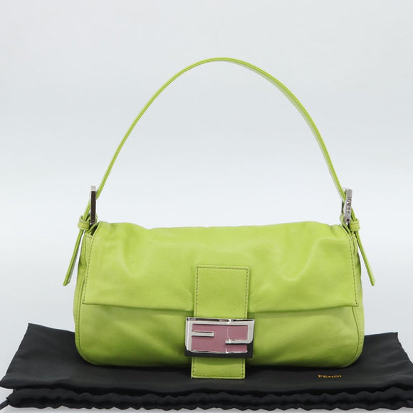 FENDI Mamma Baguette Shoulder Bag Leather Green Silver Auth 187930SAV