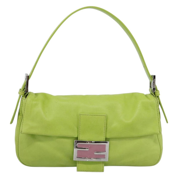 FENDI Mamma Baguette Shoulder Bag Leather Green Silver Auth 187930SAV