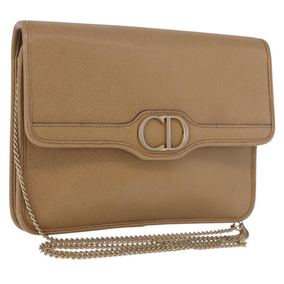 Christian Dior Chain Shoulder Bag Leather Beige Gold Auth 187941