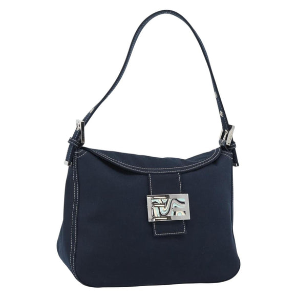 FENDI Mamma Baguette Shoulder Bag Canvas Navy Silver Auth 187955V